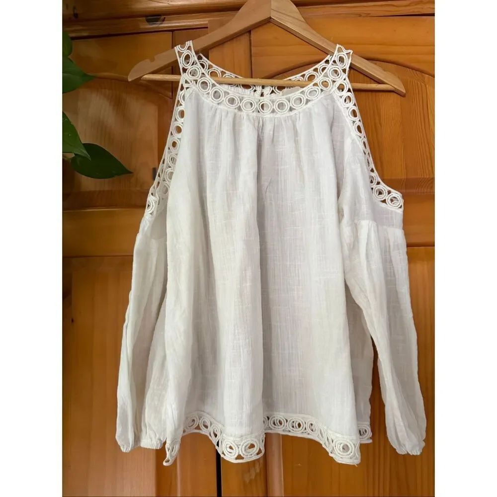 Miss Love White Boho Cold Shoulder Lace Trim Blouse Small - Picture 2 of 12